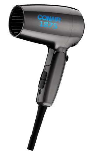 A black Conair 1875 hairdryer with a blue logo on its side, featuring a nozzle attachment and control buttons on the handle.