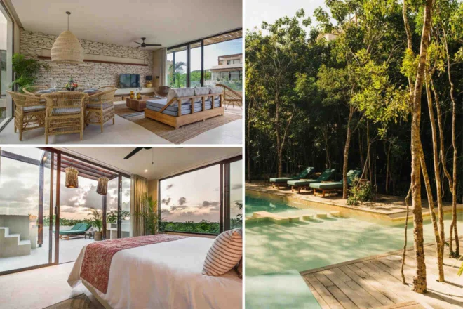 Collage of 3 pics of luxury hotel: a modern living room, a bedroom with ocean views, and a sunlit pool area surrounded by trees.