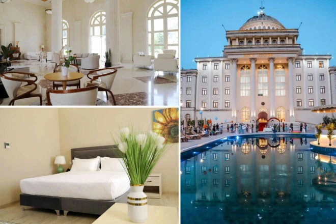 Collage of 3 pics of hotel in Berat: a luxurious lobby with white furniture, a hotel building's grand exterior at night, and a modern hotel room with a vase of flowers on the bedside table.