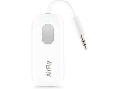 A white AirFly Bluetooth wireless audio transmitter with a 3.5mm jack and volume control buttons.