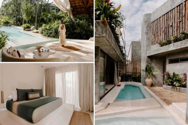 Collage of 3 pics of luxury hotel: a tranquil villa featuring a serene outdoor pool, lush garden, a spacious bedroom with a large bed, and another view of the pool next to a modern concrete building with greenery.