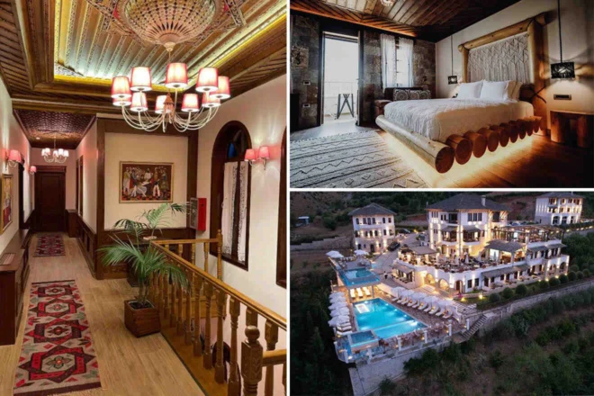 Collage of 3 pics of hotel in Gjirokaster: a hallway with artwork and decorative lighting, a rustic bedroom with wooden furniture, and an aerial view of a large luxury villa with multiple pools and outdoor seating areas.