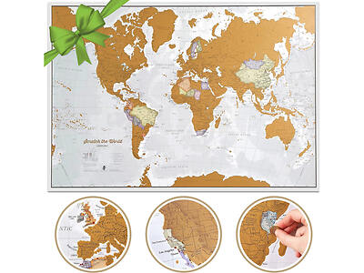 A scratch-off world map with gold foil, showing different regions scratched off, a green ribbon on the corner, and three close-up insets of specific scratched-off areas.