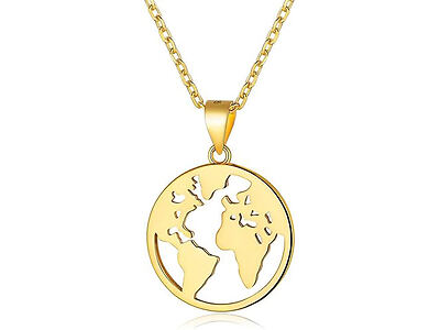 A gold necklace has a pendant shaped like a world map. The chain is also gold and has a simple, elegant design.