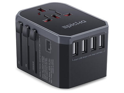 A black multi-functional travel adapter with various plug types and four USB ports.