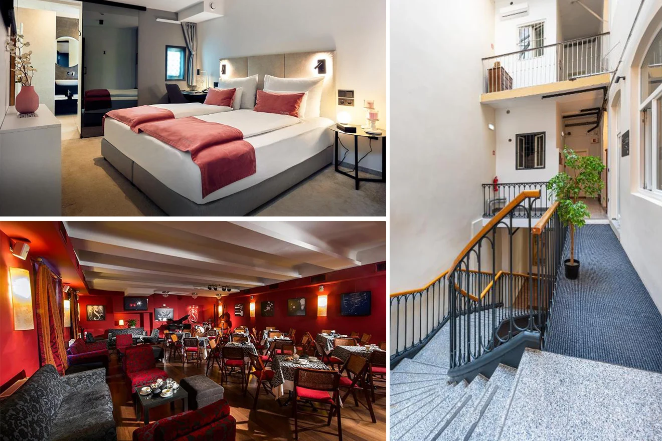 Collage of 3 pics of hotel in Ljubljana: a modern hotel room with twin beds, a restaurant with red decor and multiple tables, and a stairway area with railings and potted plants.