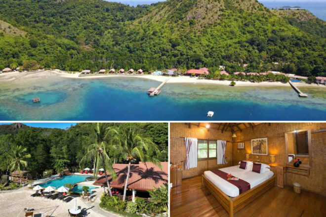 Collage of 3 pics of luxury hotel: a tropical beachfront resort featuring overwater bungalows, an outdoor pool area with palm trees, and a rustic-style bedroom with wooden interiors and white bedding. Lush green hills in the background.