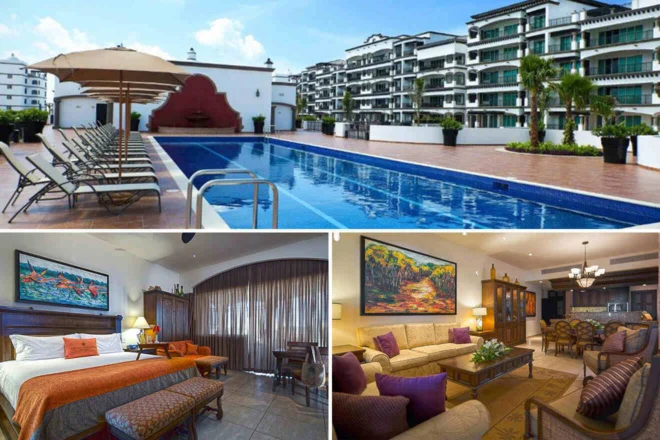 Collage of 3 pics of hotel in Puerto-Morelos: a pool with lounge chairs and umbrellas, a bedroom with a large bed and artwork, and a living room with seating, a dining area, and colorful paintings.