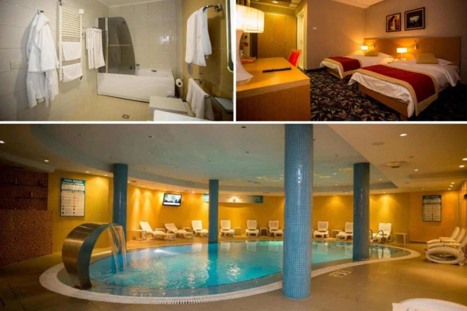 Collage of 3 pics of hotel in Albanian Alps: a hotel room with twin beds, a bathroom with a tub, and an indoor pool area with lounge chairs.