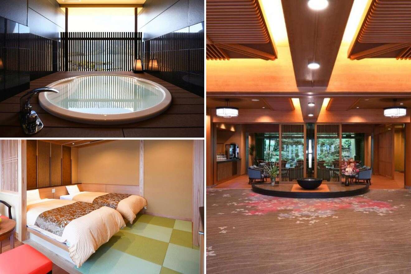 A collage of three hotels with onsen photos to stay in Mt Fuji: a private indoor hot tub with a modern design, a cozy twin bedroom with traditional Japanese elements, and an elegantly lit lobby area with seating.