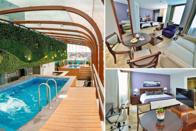 Collage of 3 pics of luxury hotel: a suite with a bedroom, living area, and dining table. Adjacent images feature a private pool with deck under an arched canopy and a bedroom with double bed.