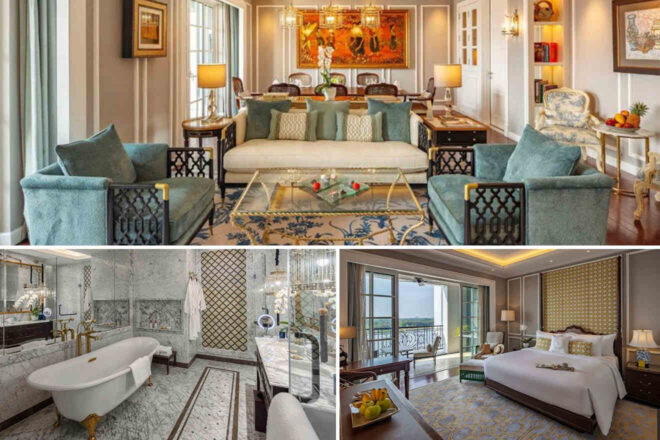 Collage of 3 pics of luxury hotel in Ho Chi Minh: suite with a spacious living area, elegant bathroom featuring a freestanding tub, and a bedroom with a king-sized bed.