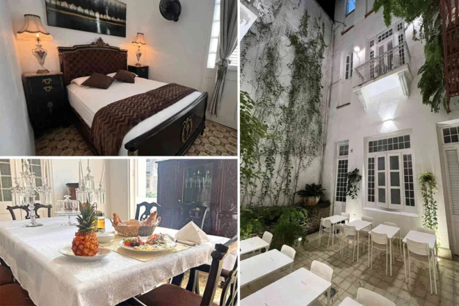 Collage of 3 pics of hotel in Havana: a bedroom with a double bed, a dining table set with food, and an outdoor courtyard with white walls and greenery.