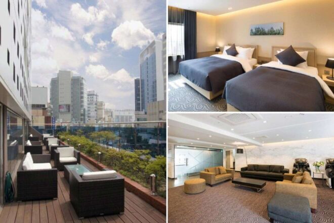 A collage of three hotel photos to stay in Busan: an outdoor terrace with seating overlooking the city skyline, a twin-bed room with modern decor and soft lighting, and a spacious lounge area with plush seating and a contemporary design.