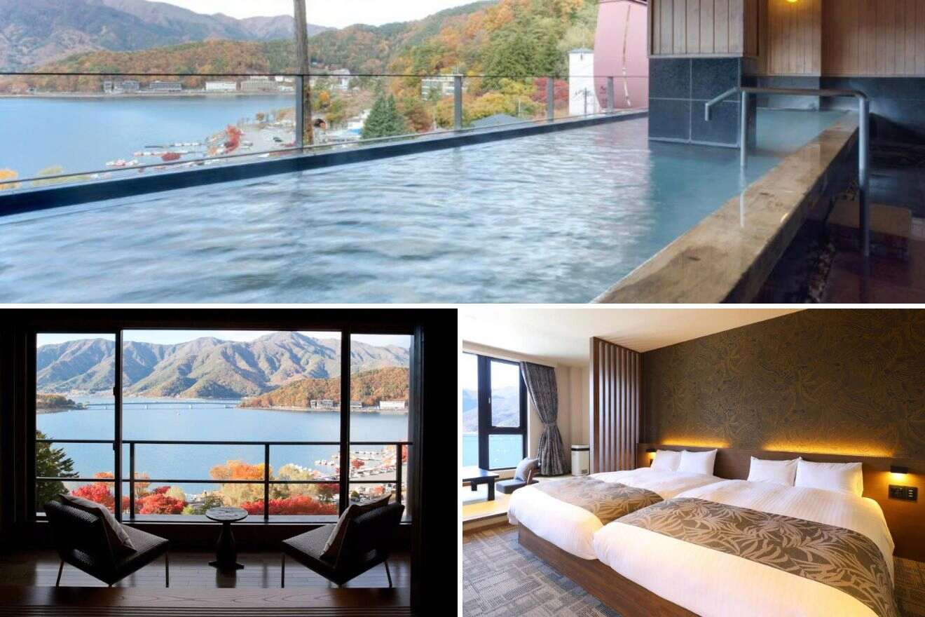 A collage of three hotels with onsen photos to stay in Mt Fuji: an infinity pool with a scenic view of the lake, a room with a panoramic lake view through large windows, and a modern bedroom with twin beds and sophisticated decor.