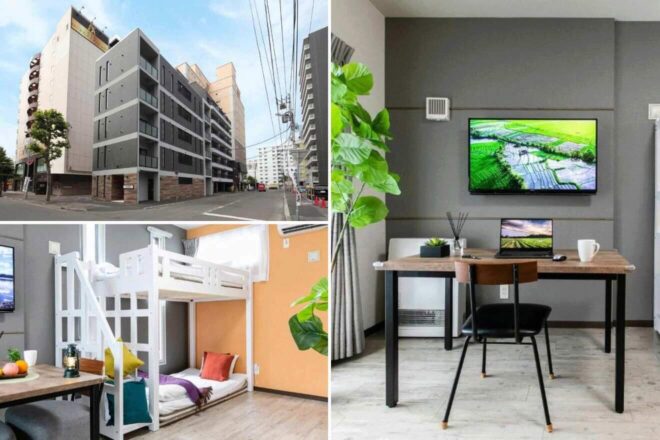 A collage of three hotel photos to stay in Sapporo: a modern apartment-style building, an interior with a bunk bed and a bright work desk, and a cozy living space with a plant and a large wall-mounted TV.