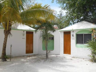 Two small white bungalows with wooden doors are surrounded by palm trees and greenery on a sandy ground under a blue sky.