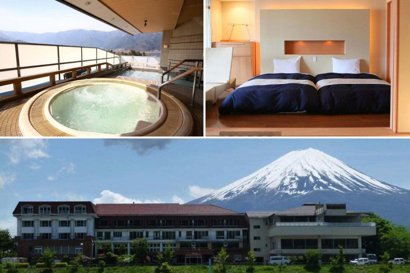 A collage of three hotels with onsen photos to stay in Mt Fuji: a rooftop hot tub with a mountain view, a minimalist twin bedroom with navy blue bedding, and an exterior view of the hotel with Mt Fuji in the background.