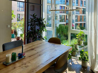 A dining room with a wooden table, chairs, and various potted plants, adjacent to large windows overlooking a courtyard with apartment buildings.