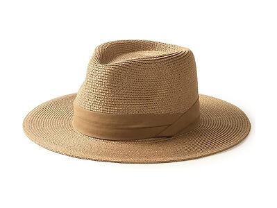 A wide-brimmed, beige woven straw hat with a brown fabric band around the base of the crown.