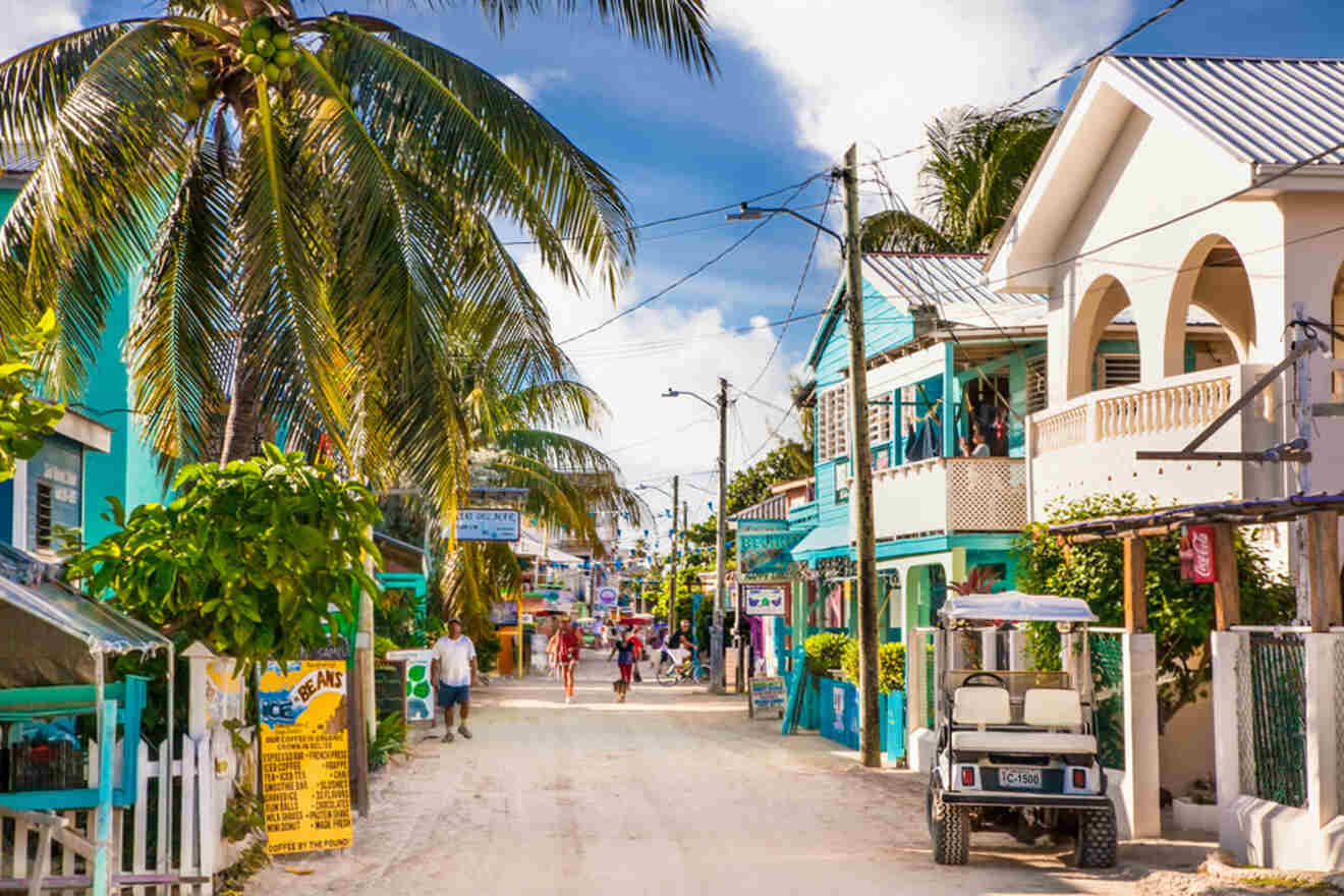 A colorful street scene in a tropical village features people walking, houses with balconies, palm trees, signs, and a golf cart parked on a sandy road under a sunny blue sky.