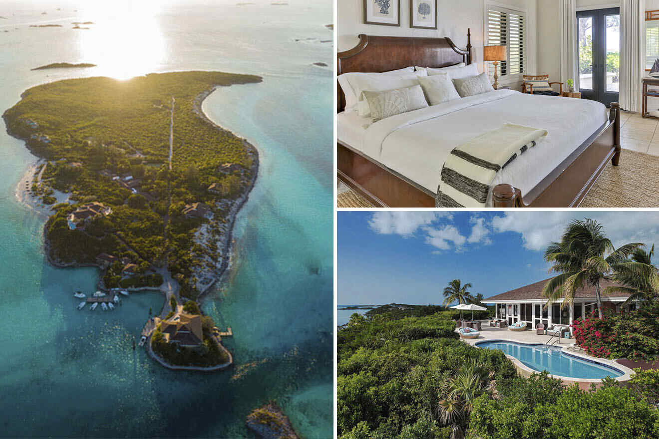 Collage of 3 pics of hotel in Exuma Bahamas: a private island with surrounding waters; interior shot of a hotel room with a large bed; exterior view of a house with a pool, surrounded by lush greenery.