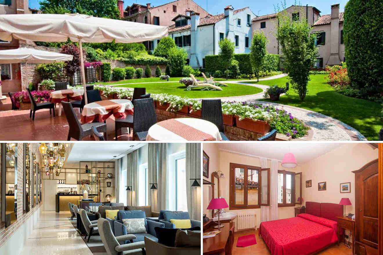 Collage of 3 pics of hotels in Santa Croce Venice: a hotel's outdoor garden dining area, an indoor lobby with seating, and a bedroom with red lamps and furniture.