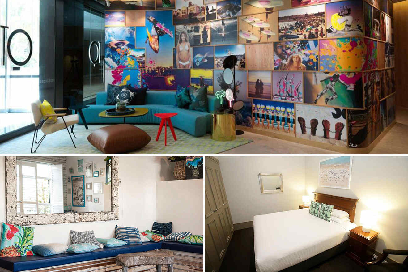Collage of 3 pics of hotel in Bondi Beach Sydney: a colorful lounge with photo-decorated walls, a cozy seating area near a window, and a simple bedroom with a double bed and framed pictures.