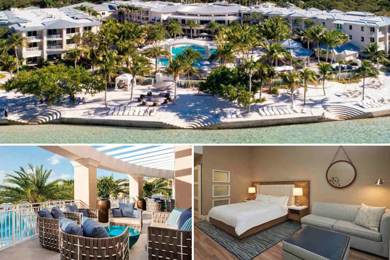 Collage of 3 pics of hotel in Key Largo: palm trees and swimming pool, outdoor lounge area with seating, and a modern hotel room with bed and sofa.