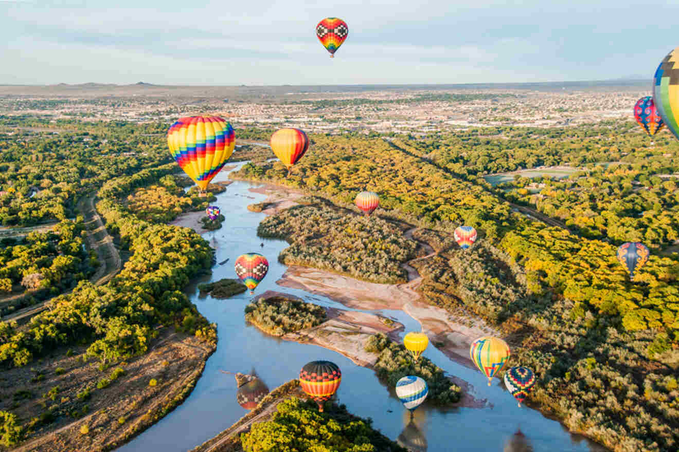 Aerial view of numerous colorful hot air balloons floating over a river winding through a lush, green landscape with a city in the distant background.