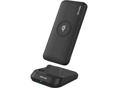 A black wireless charger with a stand and a power bank attachment featuring LED indicators.