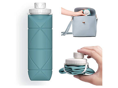 Collapsible blue water bottle with white cap shown fully extended and folded. One image shows it being placed in a bag, another shows it being compressed.