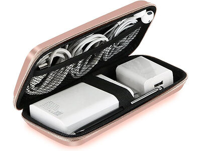 A compact travel case containing a power bank, charging cable, and wall adapter, organized with elastic straps and mesh pockets.