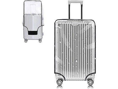 A large silver hard-shell suitcase with ribbed design, four wheels, and a retractable handle. Smaller image inset shows the suitcase with a protective, transparent cover.