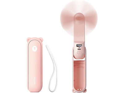 A pink portable handheld fan, with the front view showing the fan blades in motion and the back view displaying a USB charging port and a power button. A detachable wrist strap is also visible.