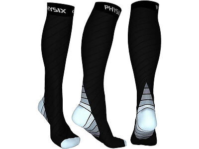 Three black compression socks with white and grey accents and the word "PHYSIX" at the top.