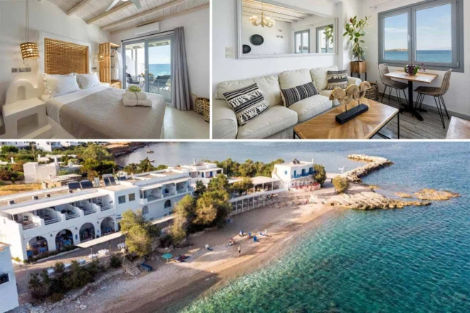 Collage of 3 pics of luxury hotel: a beachside hotel with an aerial view of the property, a bedroom with sea view balcony, and a living room area with modern furnishings.