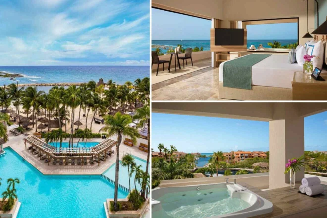 Collage of 3 pics of hotel in Puerto-Aventuras: a large pool, palm trees, and ocean view. Interior images show a modern bedroom with ocean view and a balcony with a hot tub overlooking a scenic landscape.