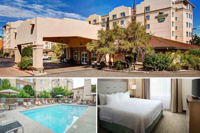 Collage of 3 pics of hotel in Uptown and Nob Hill of Albuquerque: a hotel exterior with a covered entrance, an outdoor swimming pool with lounge chairs, and a hotel room with a bed, TV, and a window with curtains.