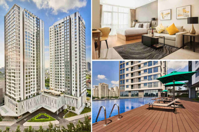 Collage of 3 pics of luxury hotel in Ho Chi Minh: a modern high-rise residential complex, a furnished living area with a bed, sofa, and decor, and an outdoor pool area with lounge chairs and umbrellas.