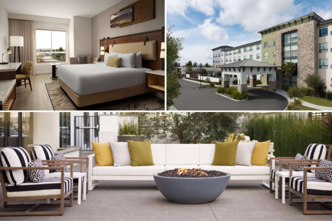 A collage of three hotel photos to stay in Sonoma: a modern bedroom with a large bed and neutral tones, the exterior of a hotel with green landscaping, and a stylish outdoor seating area with a fire pit and striped chairs.