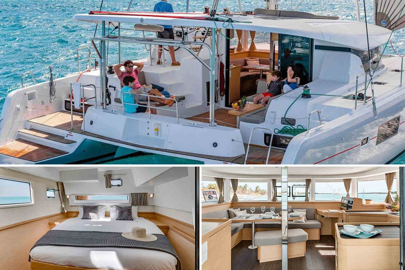 Collage of 3 pics of sailboat in Exuma Bahamas: sailboat on clear waters with people relaxing on the deck; interior views show a bedroom and a dining area with a table set for four.