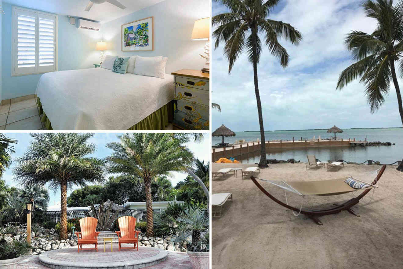 Collage of 3 pics of hotel in Key Largo: a cozy bedroom, palm trees with two chairs, and a beach scene with a hammock, lounge chairs, and a pier over the water.