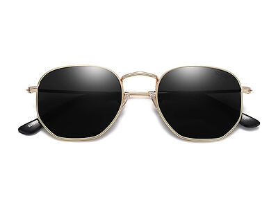 A pair of gold-framed hexagonal sunglasses with black lenses, shown from the front.