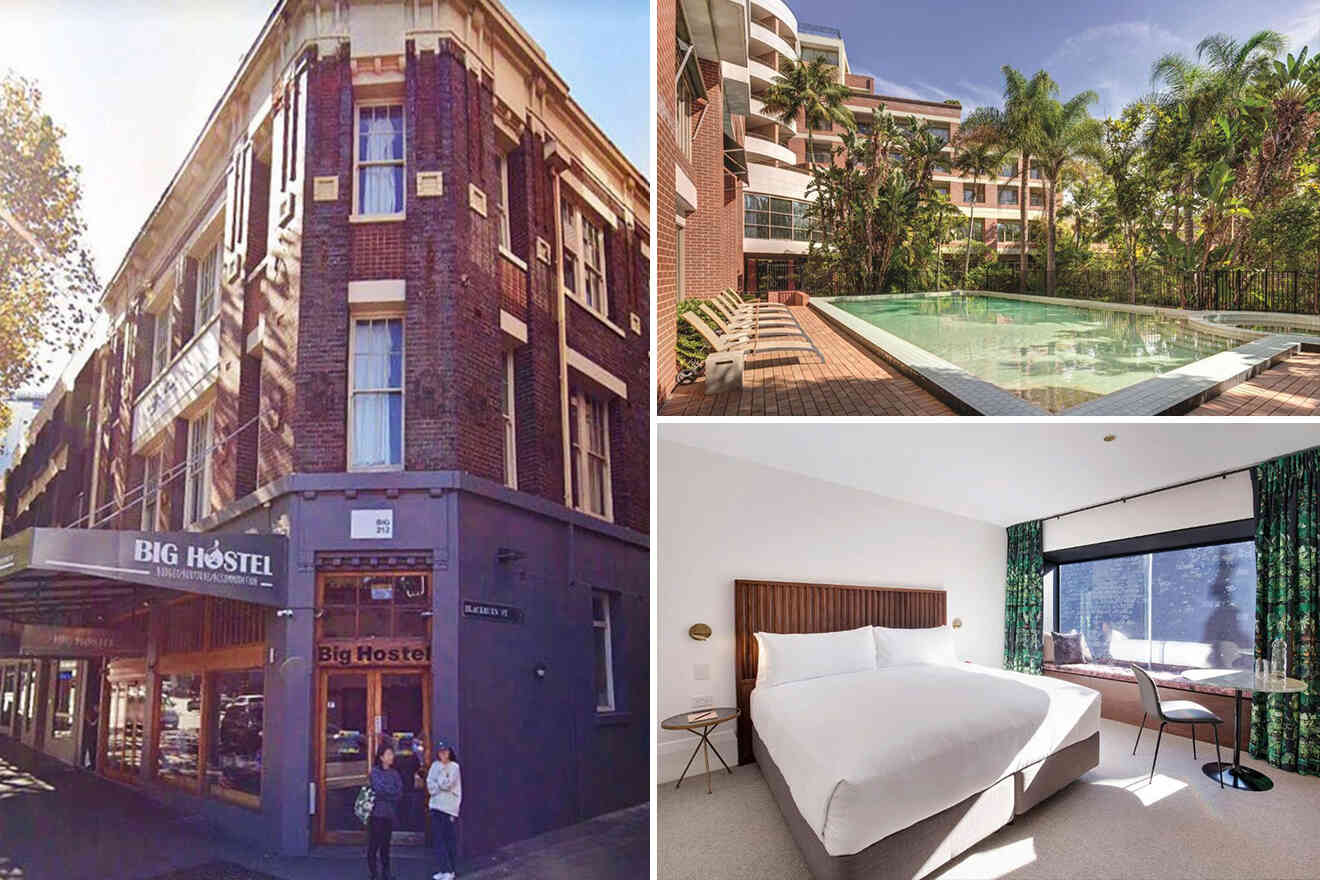 Collage of 3 pics of hotel in Surry Hills Sydney: a brick building with a sign reading "Big Hostel," an outdoor pool in a residential area, and a modern bedroom with large windows and green curtains.
