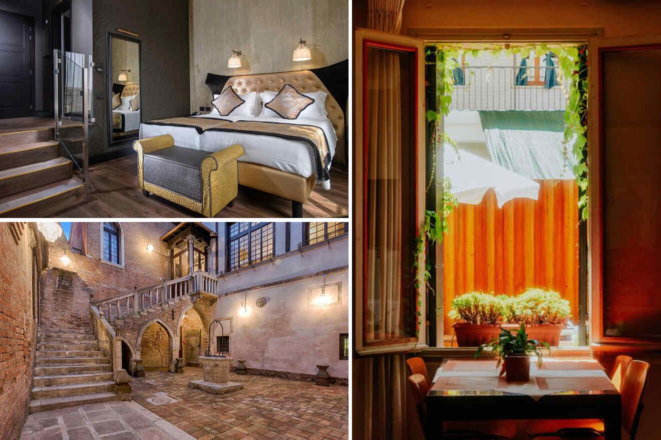 Collage of 3 pics of hotels in Dorsoduro Venice: a modern bedroom with double bed and stairs, a cozy dining area by a window with plants, and an outdoor courtyard with a well and historical architecture.
