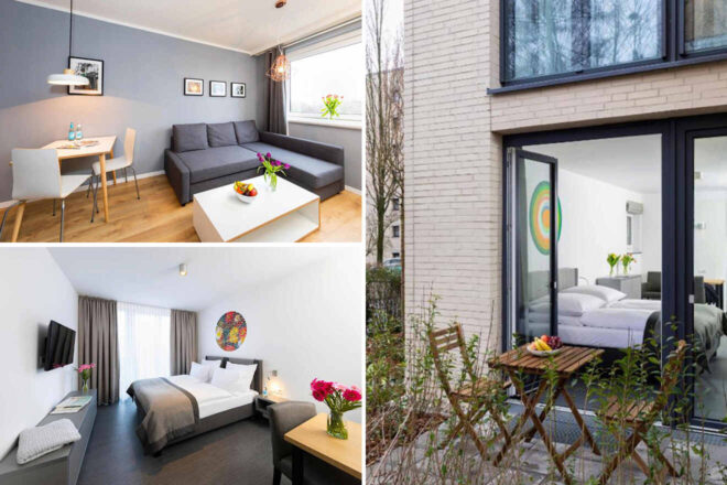 Collage of 3 pics of luxury hotel: a modern living room with a gray sofa and dining area, a bright bedroom with double bed and wall art, and a balcony with a wooden table and chairs facing a bedroom.