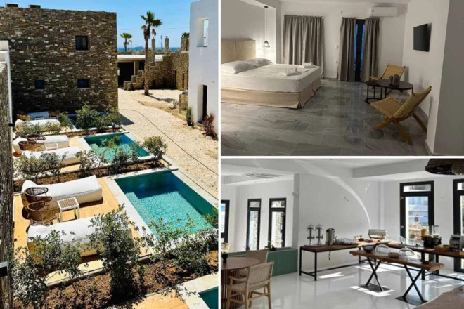 Collage of 3 pics of luxury hotel: a modern resort featuring an outdoor pool area and two interior views: a minimalist bedroom and a dining area with a buffet setup.