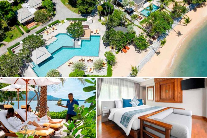 Collage of 3 pics of hotel in Koh Samui: Aerial view of a beachside resort with multiple pools and tropical landscaping (top); hotel staff serving two guests lounging outdoors (bottom left); a neatly made bed in a resort room (bottom right).
