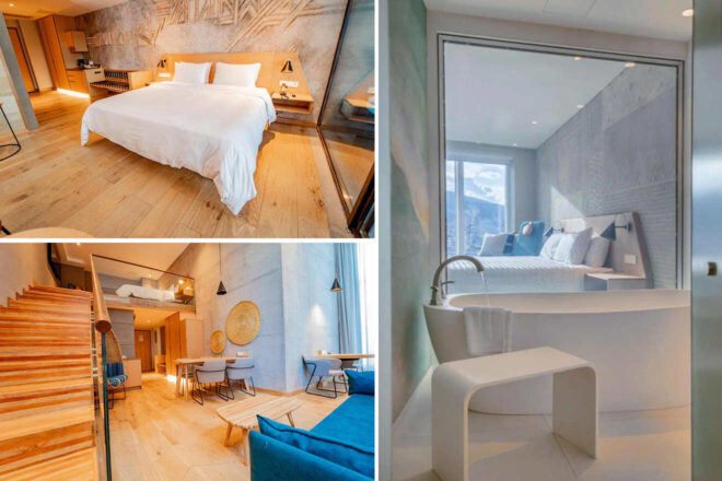 Collage of 3 pics of luxury hotel: a king-size bed, wooden flooring, a cozy seating area, a dining table, a staircase, and a bathroom with a large bathtub.